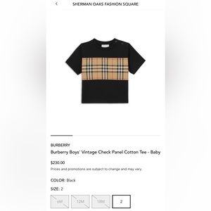 Brand new Burberry Boys’ Vintage Check Panel Cotton Tee